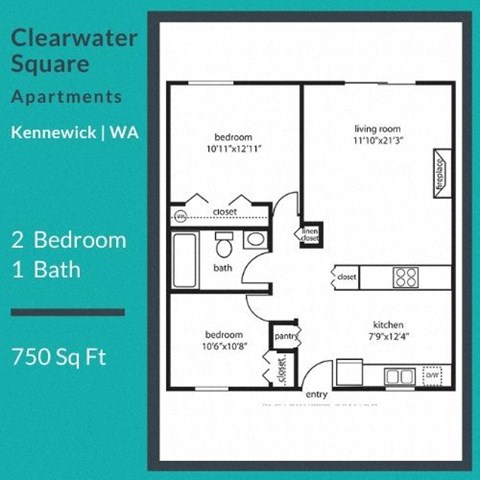 Floor plan for 2 beds, 1 bath, 795 sqft